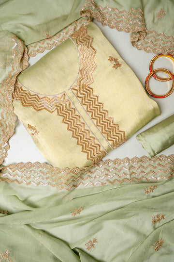 Soft Heritage Pista Shimmer Unstitched Salwar Suit With Organza Dupatta