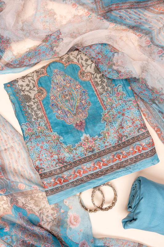 Sky Blue Mirror Sheet, Threadwork & Digital Printed Cotton Unstitched Salwar Suit With Chiffon Dupatta