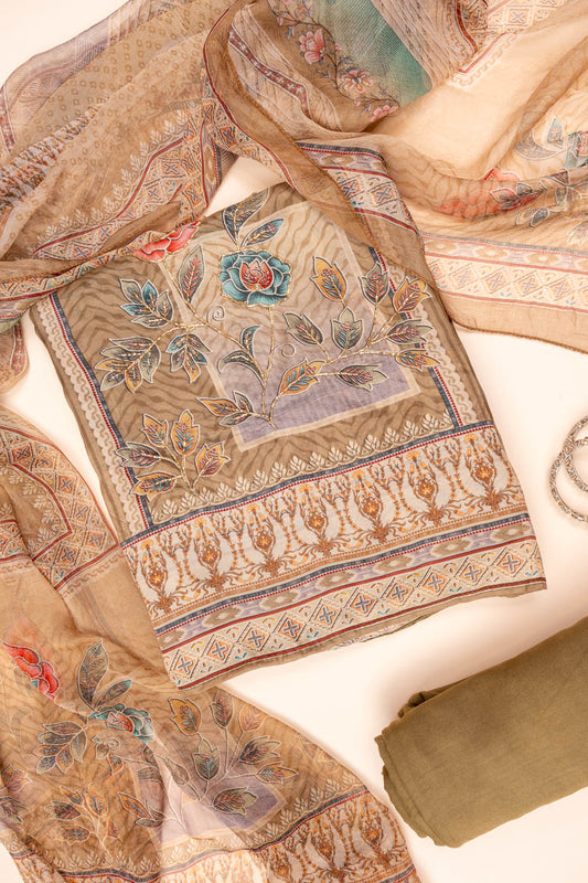 Olive Mirror Sheet, Sequence, Threadwork & Floral Printed Cotton Unstitched Salwar Suit With Chiffon Dupatta