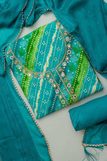 Dive Into Elegance Firozi Cotton Unstitched Salwar Kameez & Chiffon Dupatta