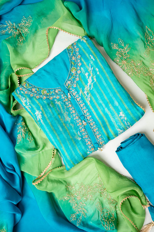 Effortless Glamour Rama Organza Unstitched Salwar Suit With Organza Dupatta