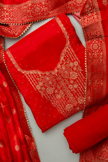 Grace Redefined Red Crepe Unstitched Salwar Kameez With Crepe Dupatta