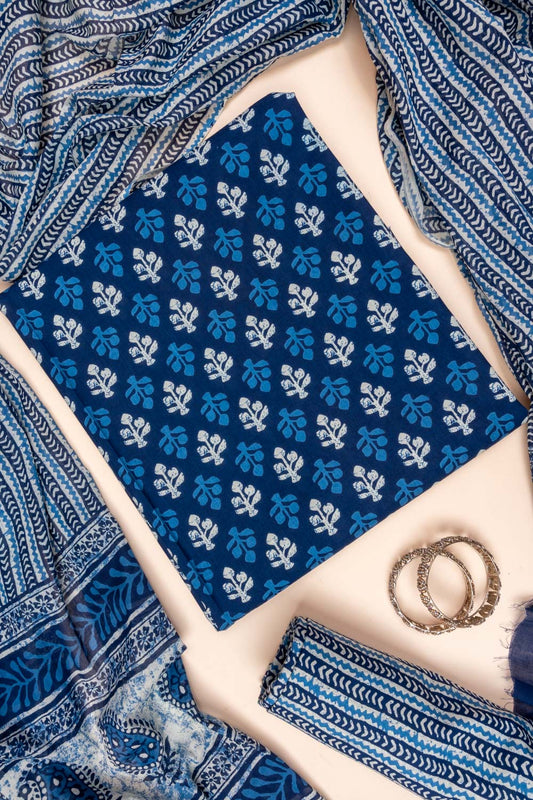 Navy Blue Digital Printed Cotton Unstitched Salwar Suit With Cotton Dupatta