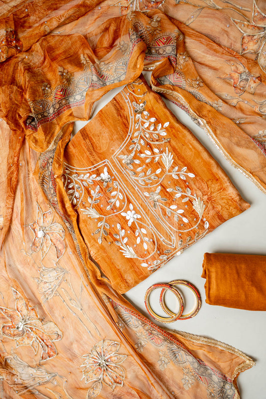 Raw Mustard Crepe Unstitched Salwar Suit With Chiffon Dupatta