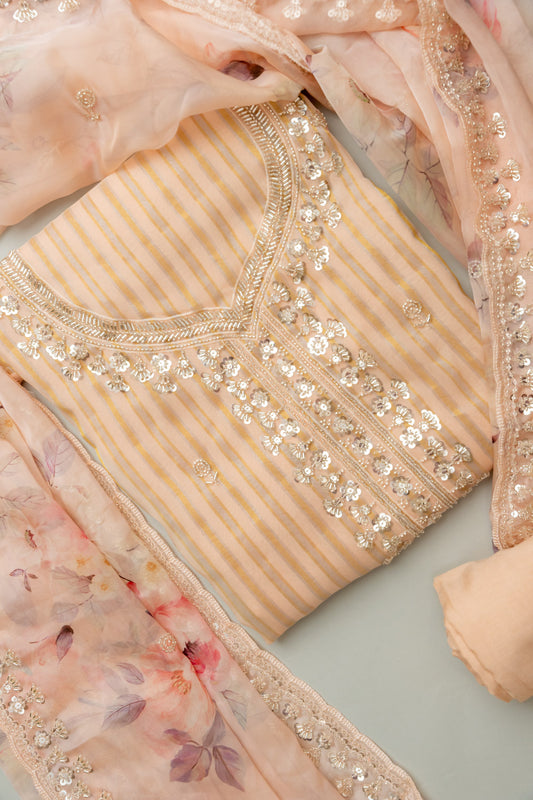 Graceful Flow Peach Organza Unstitched Salwar Kameez With Organza Floral Dupatta