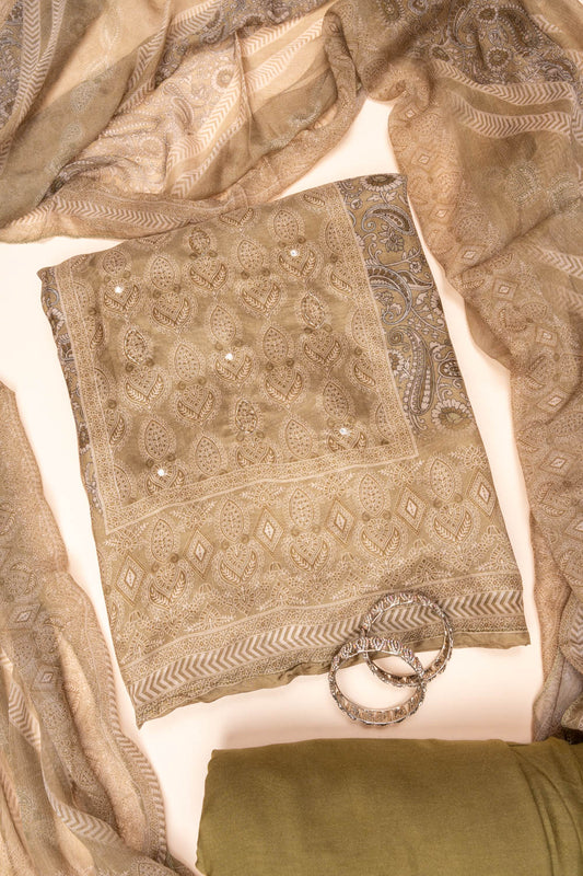 Olive Cutdana, Mirror Sheet, Threadwork & Digital Printed Cotton Unstitched Salwar Suit With Chiffon Dupatta