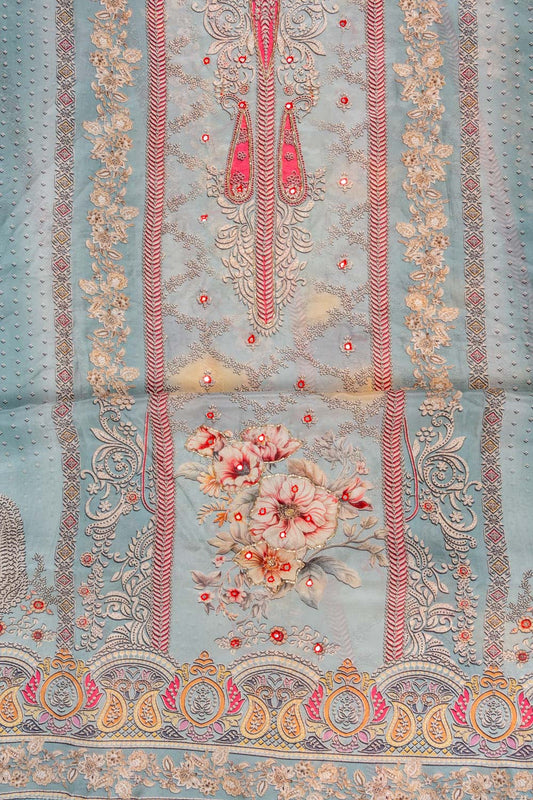 Silver Grey Mirror Sheet, Sequence, Threadwork & Floral Printed Organza Unstitched Salwar Suit With Chiffon Dupatta
