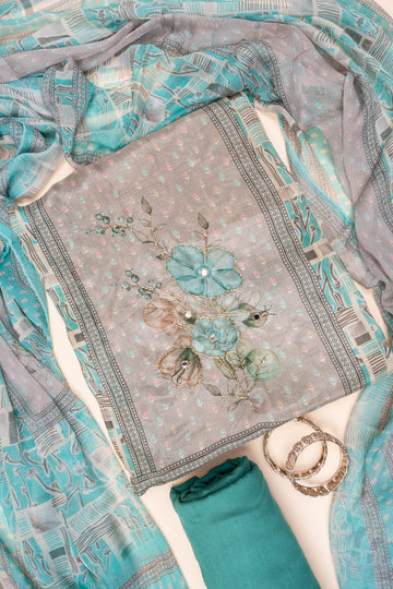Grey Firozi Mirror Sheet, Threadwork & Floral Printed Cotton Unstitched Salwar Suit With Chiffon Dupatta
