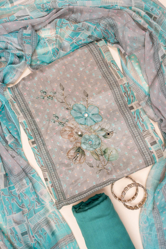 Grey Firozi Mirror Sheet, Threadwork & Floral Printed Cotton Unstitched Salwar Suit With Chiffon Dupatta