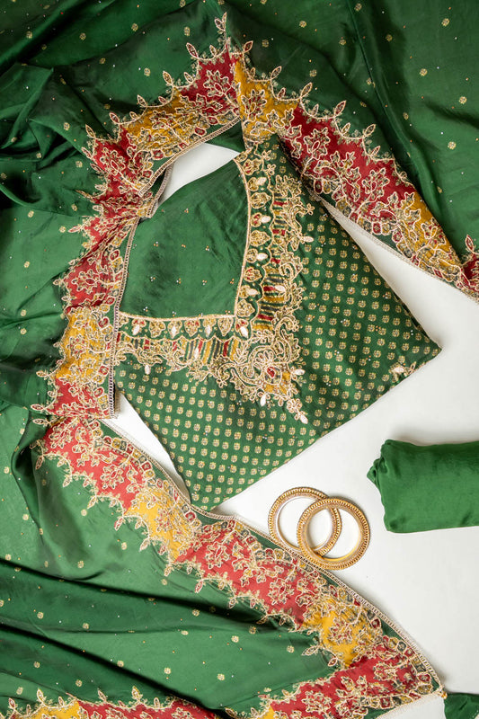 Regal Charm Bottle Green Organza Unstitched Salwar Suit With Organza Dupatta