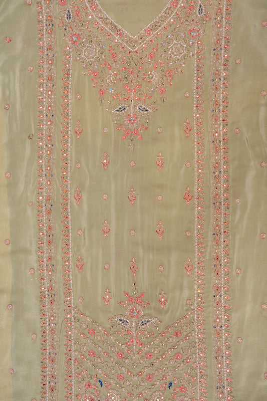 Pista Sequence, Zarkan & Threadwork Crepe Unstitched Salwar Suit With Chinon dupatta