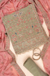 Pista Sequence, Zarkan & Threadwork Crepe Unstitched Salwar Suit With Chinon dupatta