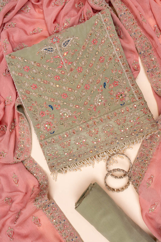 Pista Sequence, Zarkan & Threadwork Crepe Unstitched Salwar Suit With Chinon dupatta