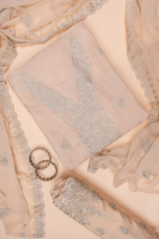 Off White Sequence, Zarkan & Zari Threadwork Crepe Unstitched Salwar Suit With Chiffon dupatta