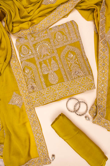 Pista Sequence & Zari Threadwork Chinon Unstitched Salwar Suit With Chinon Dupatta