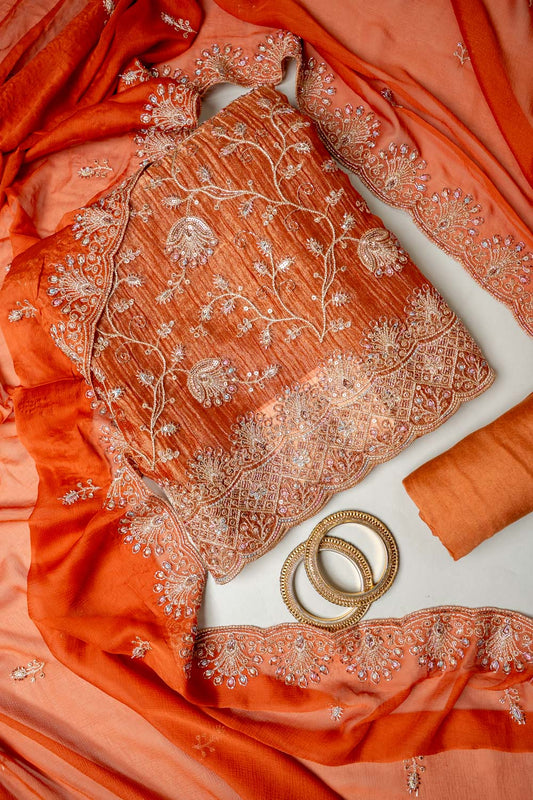 Heritage Glow Rust Crush Tissue Unstitched Salwar Suit With Tissue Dupatta