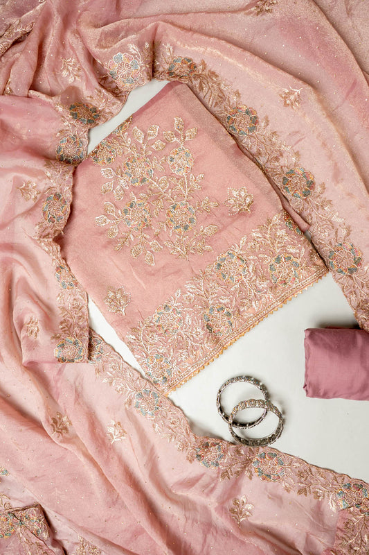 Stunningly Unique Onion Organza Unstitched Salwar Suit With Organza Dupatta