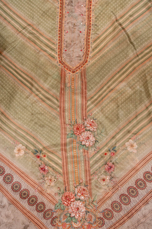 Pista Mirror Sheet, Threadwork & Digital Printed Cotton Unstitched Salwar Suit With Chiffon Dupatta