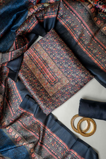 Navy Blue  Soft Twill  Unstitched Salwar Suit With Soft Twill Dupatta