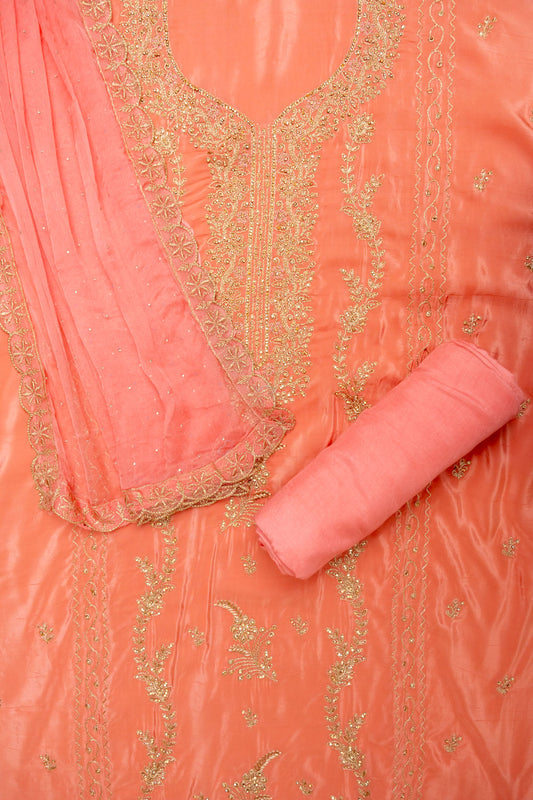Graceful Flow Peach Unstitched Crepe Salwar Kameez With Chiffon Dupatta