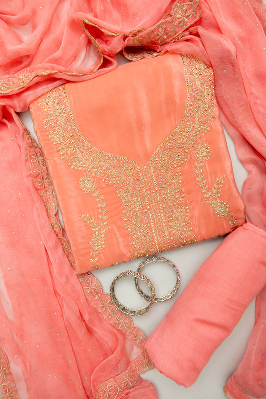 Graceful Flow Peach Unstitched Crepe Salwar Kameez With Chiffon Dupatta