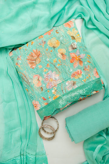 Royal Heritage Tea-green Organza Unstitched Salwar Kameez With Chiffon Dupatta