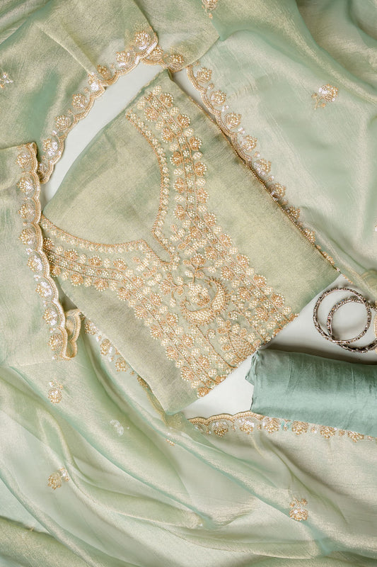 Pastel Majesty Mint Green Crush Tissue Unstitched Salwar Suit With Tissue Dupatta