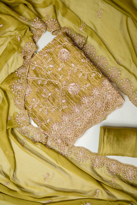 Soft Heritage Pista Crush Tissue Unstitched Salwar Suit With Tissue Dupatta