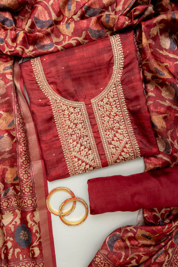 Heritage Heirloom Maroon Cotton Unstitched Salwar Kameez With Cotton Dupatta