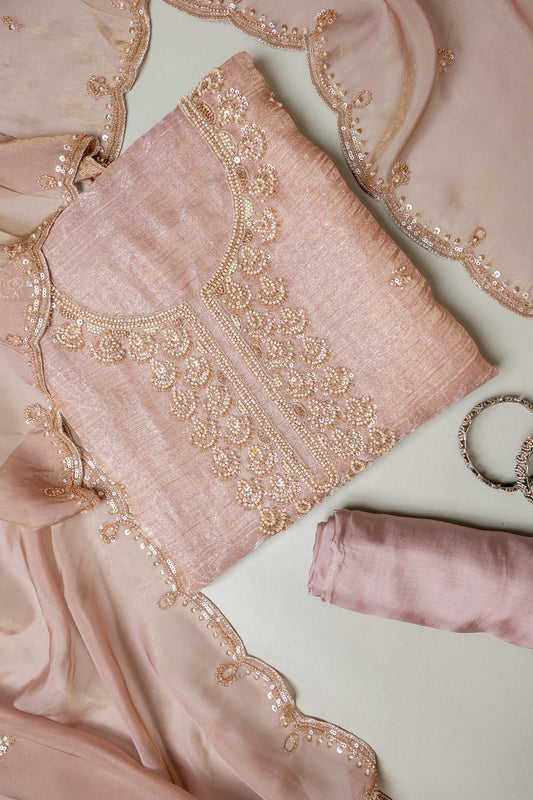 Stunningly Unique Onion  Crush Tissue Unstitched Salwar Suit With Tissue Dupatta
