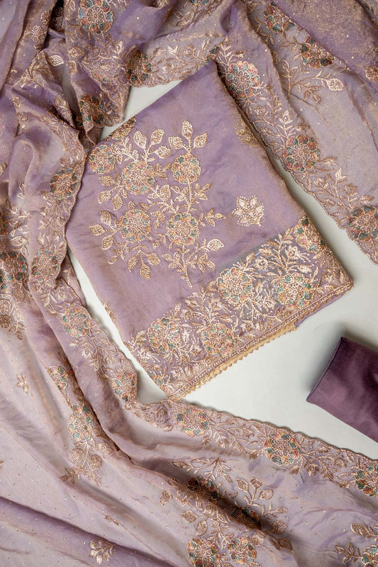 Delicate and Dreamy Mauve Organza Unstitched Salwar Suit With Organza Dupatta