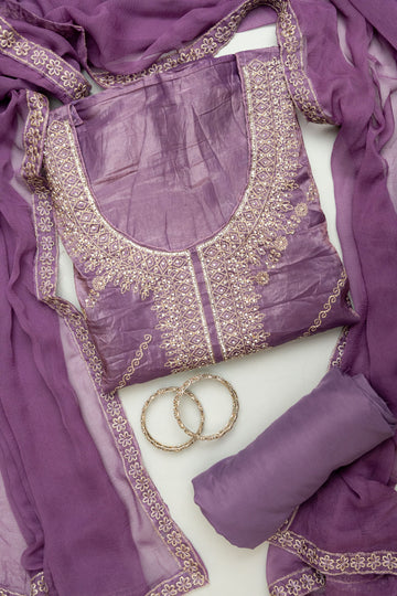 Delicate And Dreamy Mauve Crepe Unstitched Salwar Kameez With Chiffon Dupatta