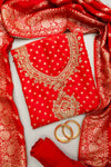 Grace Redefined Red Unstitched Salwar Kameez with Woven Zari, Dabka Work & Dolna Dupatta