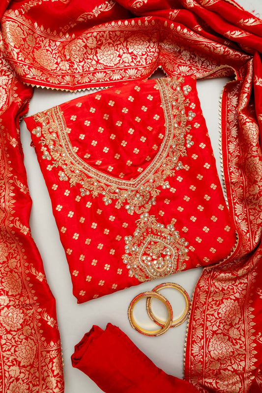 Grace Redefined Red Unstitched Salwar Kameez with Woven Zari, Dabka Work & Dolna Dupatta