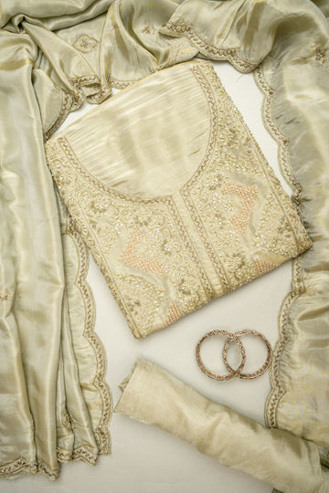 Effortlessly Elegant Olive Organza Unstitched Salwar Kameez With Organza Floral Dupatta