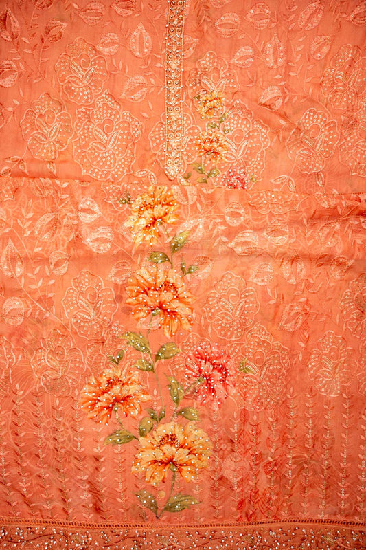 Soft As A Sunrise Coral Georgette Unstitched Suit With Chiffon Dupatta