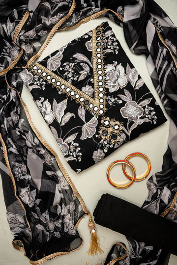 Eternal Favorite Black Cotton Unstitched Salwar Kameez With Chiffon Dupatta