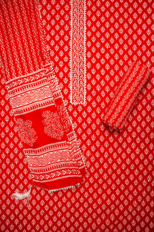 Grace Redefined Red Cotton Unstitched Salwar Kameez With Cotton Dupatta