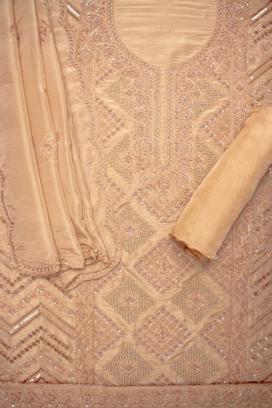 Graceful Flow Peach Organza Unstitched Salwar Kameez With Organza Floral Dupatta