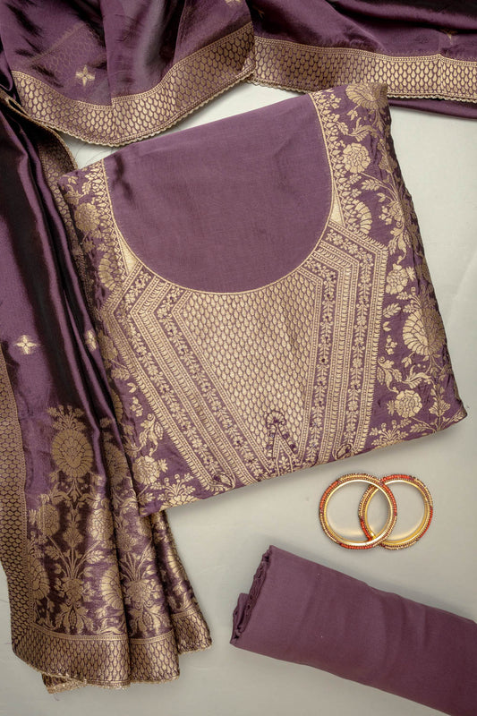 Regal And Radiant Garnet Shimmer Unstitched Salwar Kameez With Cotton Dupatta