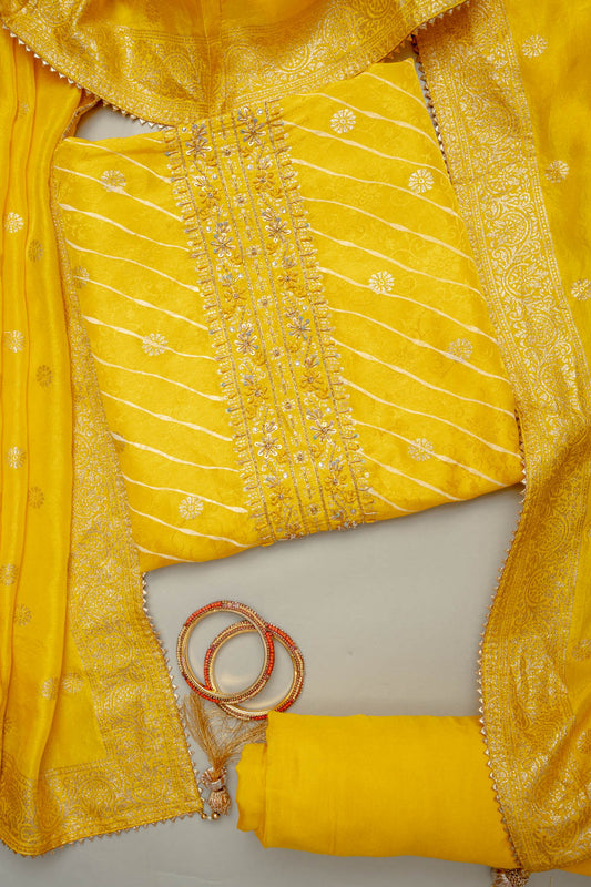 Shine Bright In Mango Gold Cotton Unstitched Salwar Kameez With Cotton Dupatta