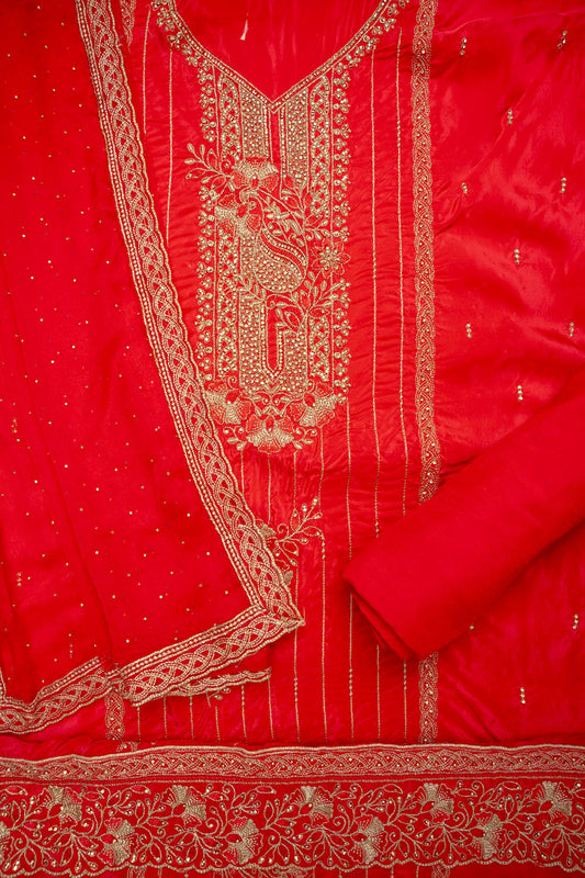 Grace Redefined Red Crepe Unstitched Salwar Kameez & Chiffon Dupatta