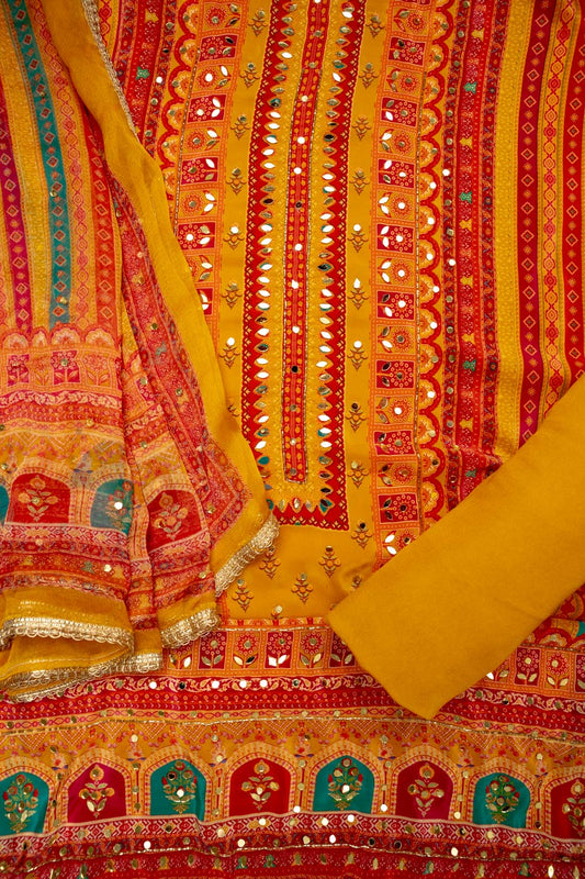 Sunshine Charm Mustard Crepe Unstitched Salwar Kameez & Chiffon Dupatta