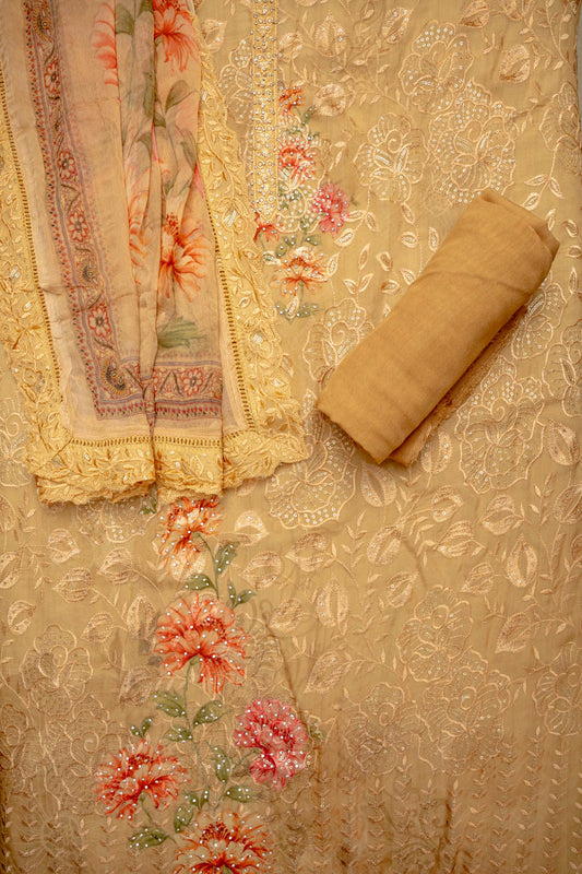 Timeless Beauty Tussar Georgette Unstitched Suit With Chiffon Dupatta