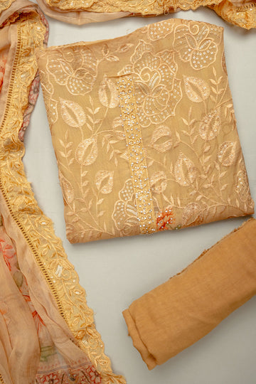 Timeless Beauty Tussar Georgette Unstitched Suit With Chiffon Dupatta