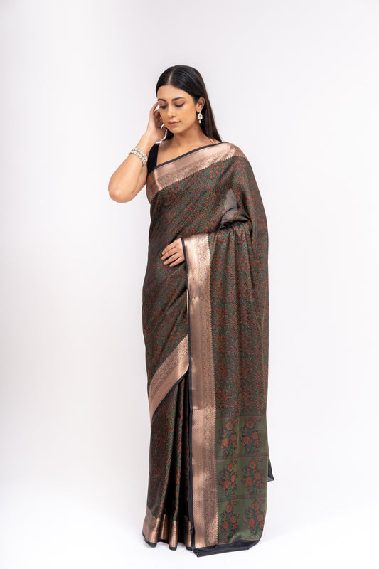 Bold Statement Black Banarasi Silk Saree With Unstitched Blouse