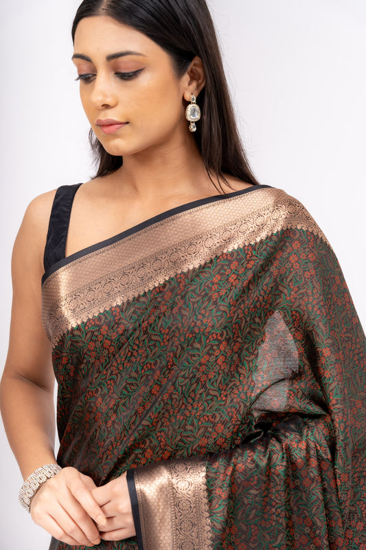 Bold Statement Black Banarasi Silk Saree With Unstitched Blouse
