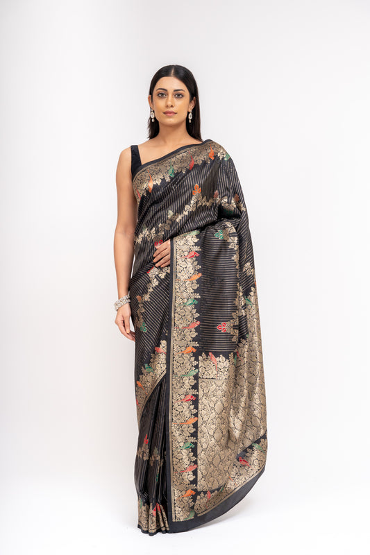 Bold Statement Black Banarasi Silk Saree With Unstitched Blouse