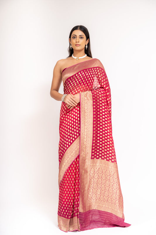 Charm Of Dark Gajari Khaddi Georgette Saree With Unstitched Blouse