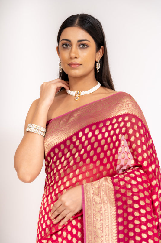 Charm Of Dark Gajari Khaddi Georgette Saree With Unstitched Blouse